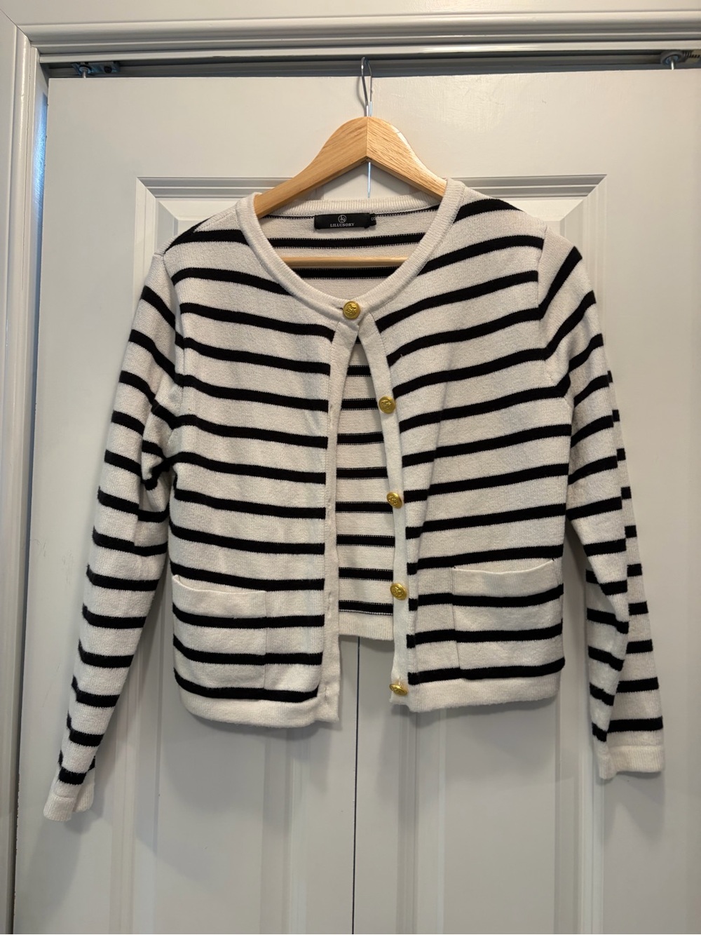 Pair of cardigans - Black & White Striped and tan, both with Gold Buttons